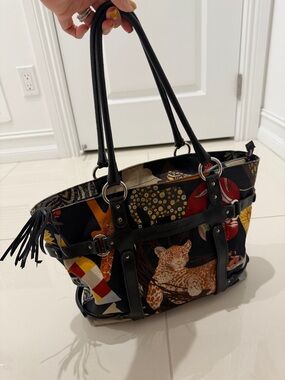 Salvatore Ferragamo Multicolor Leopard Patchwork Tote with Black Leather Straps